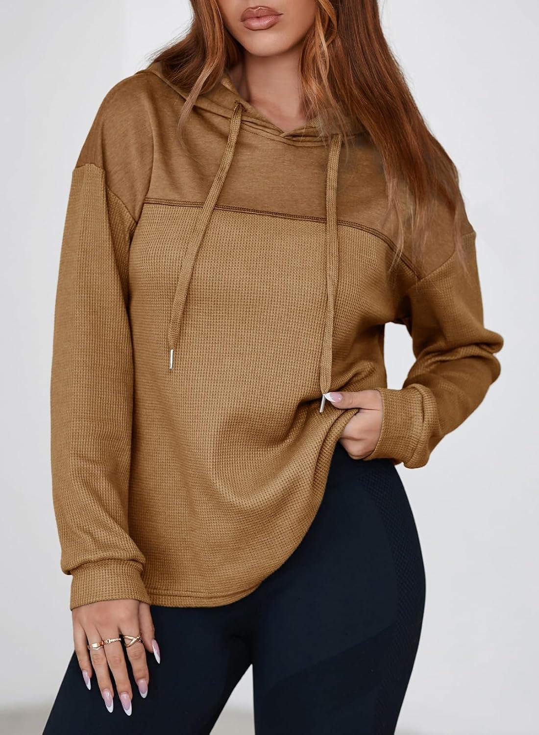 imageDokotoo Womens Hoodies Casual Waffle Knit Long Sleeve Drawstring Pullover Sweatshirts Lightweight Hooded TopsBrown