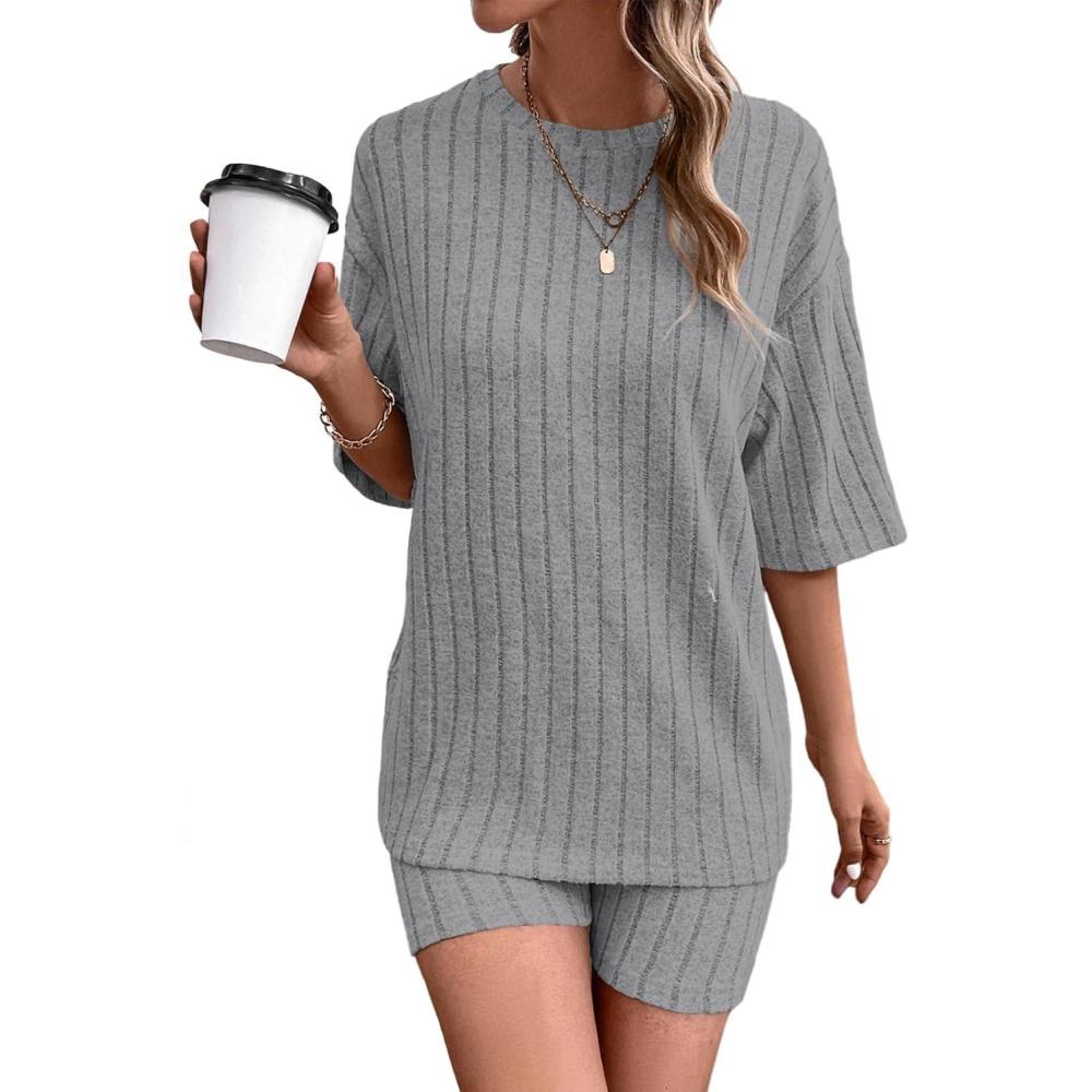 imageDokotoo Womens 2 Piece Outfits Sets Crew Neck Casual Short Sleeve Tops Shorts Pants Lounge SetsLight Grey