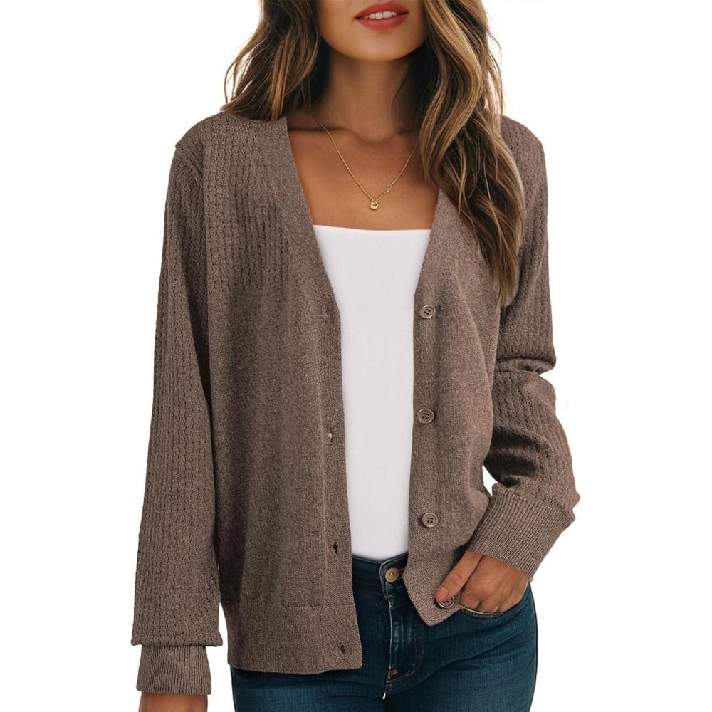 imageDokotoo Womens Cardigan Wool Blend Long Sleeve Button Down Sweaters for Women Casual Hollow Out Knit TopsCoffee