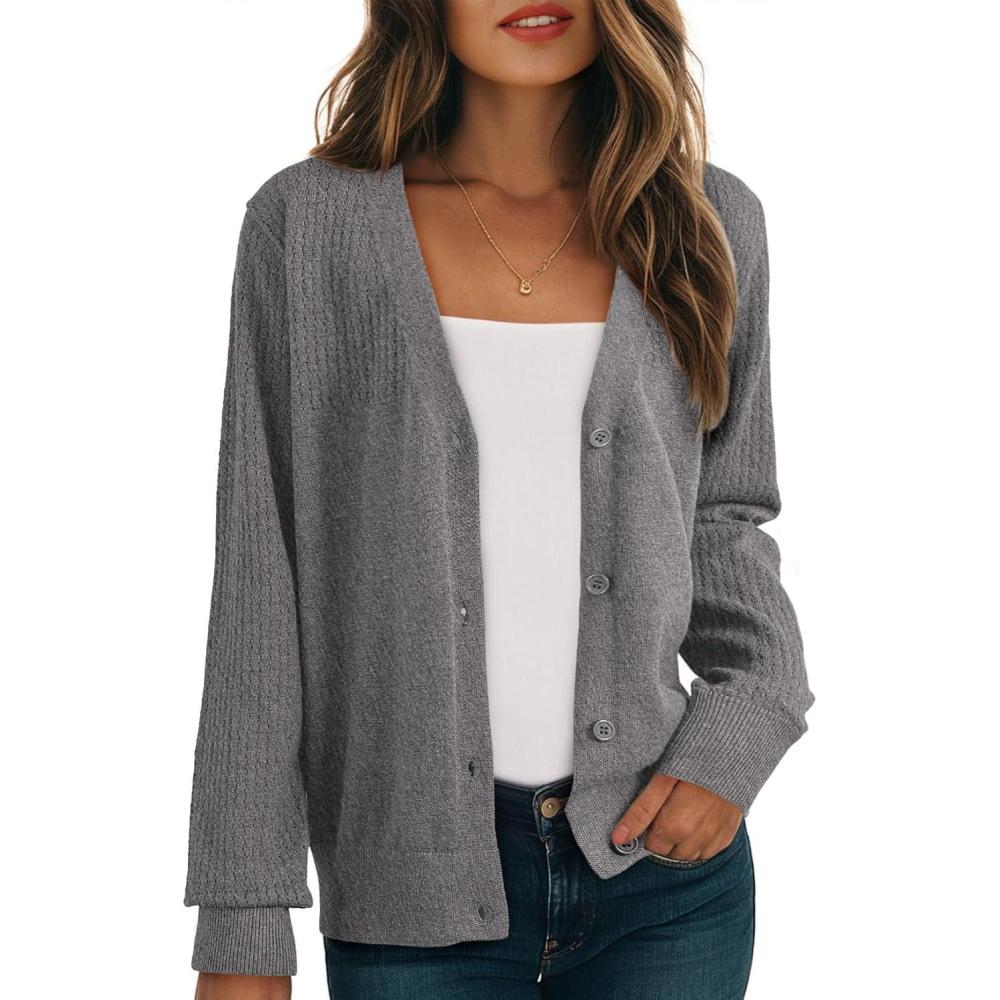 imageDokotoo Womens Cardigan Wool Blend Long Sleeve Button Down Sweaters for Women Casual Hollow Out Knit TopsGrey