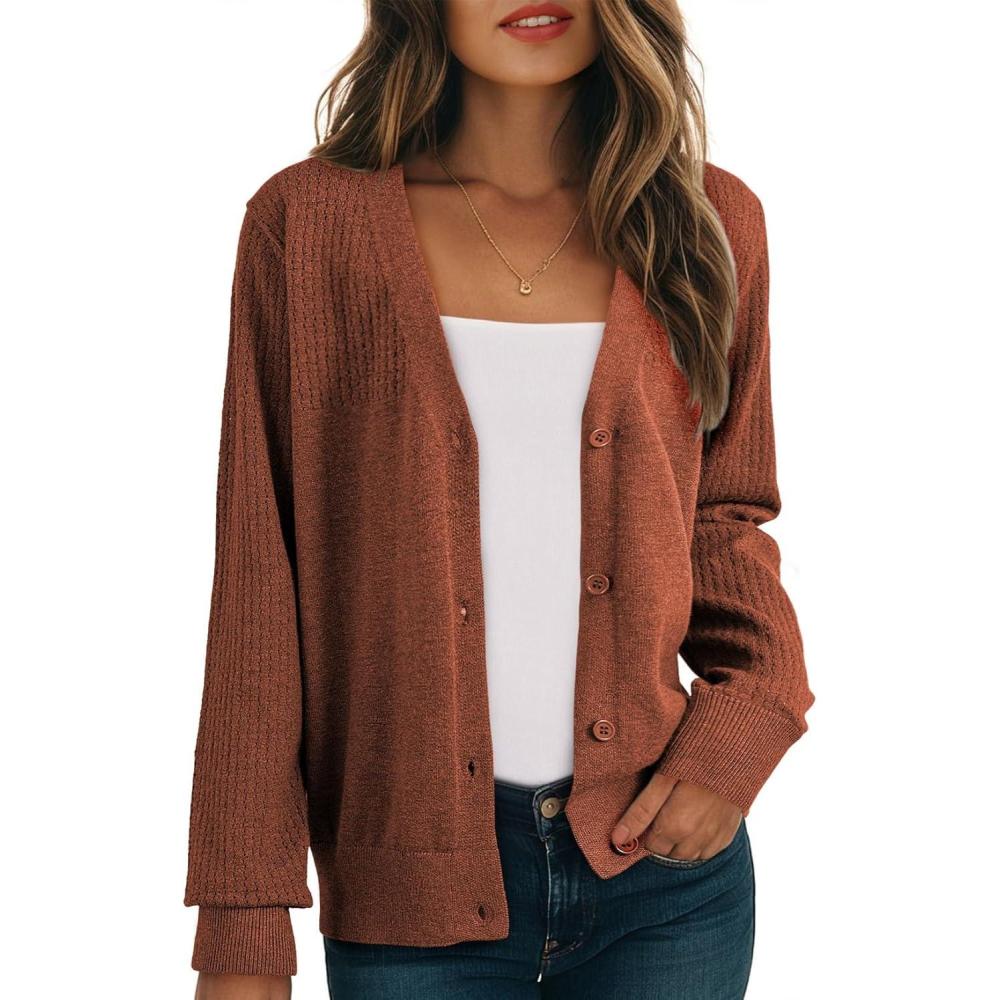 imageDokotoo Womens Cardigan Wool Blend Long Sleeve Button Down Sweaters for Women Casual Hollow Out Knit TopsRed Clay