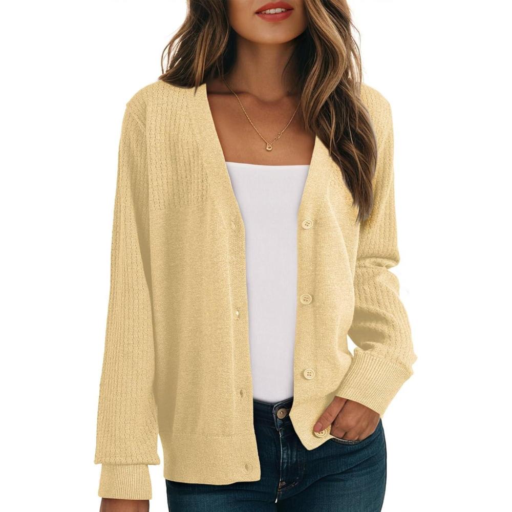 imageDokotoo Womens Cardigan Wool Blend Long Sleeve Button Down Sweaters for Women Casual Hollow Out Knit TopsYellow Cream