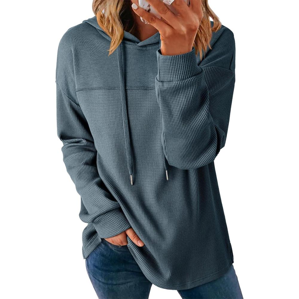 imageDokotoo Womens Hoodies Casual Waffle Knit Long Sleeve Drawstring Pullover Sweatshirts Lightweight Hooded TopsBlue