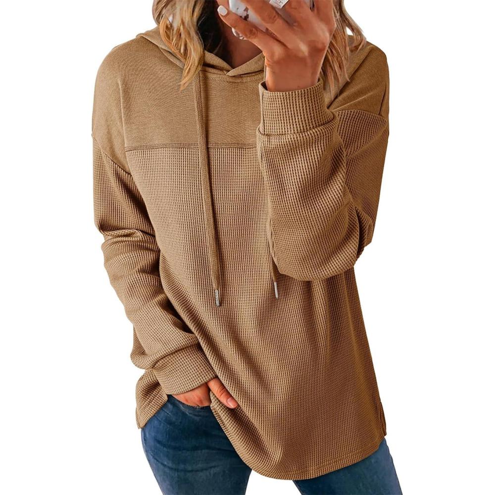 imageDokotoo Womens Hoodies Casual Waffle Knit Long Sleeve Drawstring Pullover Sweatshirts Lightweight Hooded TopsBrown