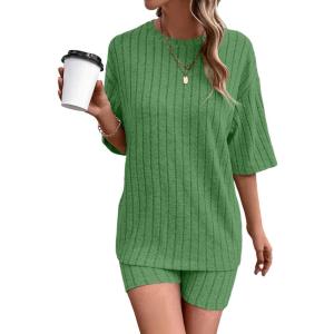 imageDokotoo Womens 2 Piece Outfits Sets Crew Neck Casual Short Sleeve Tops Shorts Pants Lounge SetsBright Green
