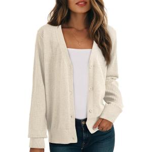 imageDokotoo Womens Cardigan Wool Blend Long Sleeve Button Down Sweaters for Women Casual Hollow Out Knit TopsBeige