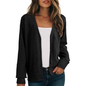imageDokotoo Womens Cardigan Wool Blend Long Sleeve Button Down Sweaters for Women Casual Hollow Out Knit TopsBlack
