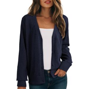 imageDokotoo Womens Cardigan Wool Blend Long Sleeve Button Down Sweaters for Women Casual Hollow Out Knit TopsBlue