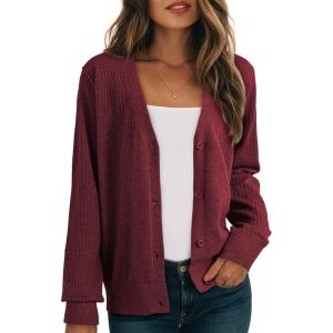 imageDokotoo Womens Cardigan Wool Blend Long Sleeve Button Down Sweaters for Women Casual Hollow Out Knit TopsRed