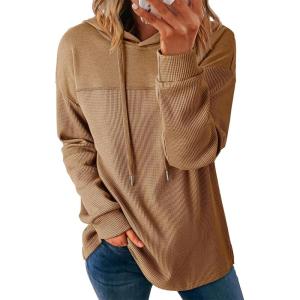 imageDokotoo Womens Hoodies Casual Waffle Knit Long Sleeve Drawstring Pullover Sweatshirts Lightweight Hooded TopsBrown