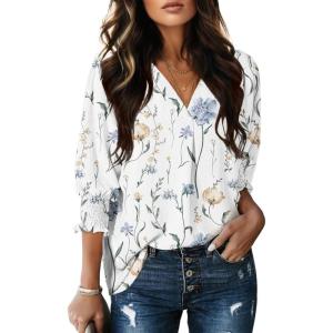 imageDokotoo Women Blouses Dressy Casual V Neck 34 Length Sleeve Womens Tops with Smocked CuffsPrinted White