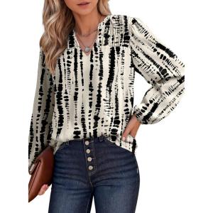 imageDokotoo Womens Casual V Neck Alicia Floral Print Smocked Long Sleeve Chiffon Blouses Bohemian Top ShirtsApricot