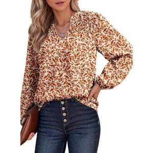 imageDokotoo Womens Casual V Neck Alicia Floral Print Smocked Long Sleeve Chiffon Blouses Bohemian Top ShirtsBorange