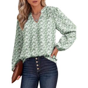 imageDokotoo Womens Casual V Neck Alicia Floral Print Smocked Long Sleeve Chiffon Blouses Bohemian Top ShirtsDark Green