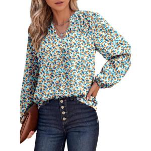 imageDokotoo Womens Casual V Neck Alicia Floral Print Smocked Long Sleeve Chiffon Blouses Bohemian Top ShirtsSky Blue 2
