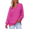 imageDokotoo Womens V Neck Long Sleeve Waffle Knit Tops Off Shoulder Oversized Pullover SweaterHot Pink