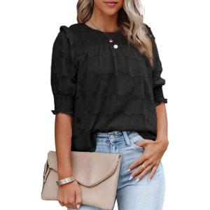 imageDokotoo Womens Blouses Half Sleeve Shirred Tops Crewneck Lace Textured Flowy Casual ShirtsBlack