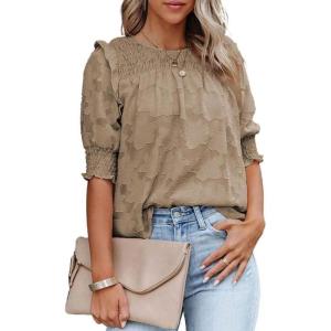 imageDokotoo Womens Blouses Half Sleeve Shirred Tops Crewneck Lace Textured Flowy Casual ShirtsBrown