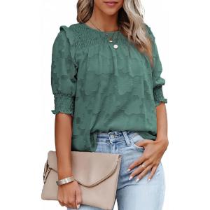 imageDokotoo Womens Blouses Half Sleeve Shirred Tops Crewneck Lace Textured Flowy Casual ShirtsGreen