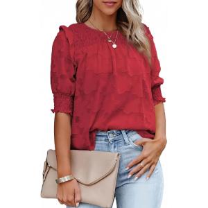 imageDokotoo Womens Blouses Half Sleeve Shirred Tops Crewneck Lace Textured Flowy Casual ShirtsRed