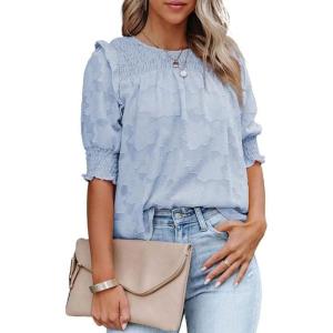 imageDokotoo Womens Blouses Half Sleeve Shirred Tops Crewneck Lace Textured Flowy Casual ShirtsSky Blue