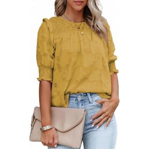 imageDokotoo Womens Blouses Half Sleeve Shirred Tops Crewneck Lace Textured Flowy Casual ShirtsYellow