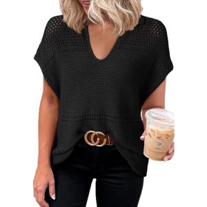 imageDokotoo Womens Tops 2025 Summer Spring Casual V Neck Short Sleeve Sweater Crochet Tops Casual Dressy BlousesBlack
