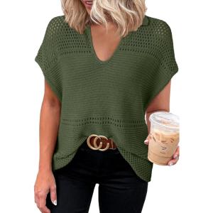 imageDokotoo Womens Tops 2025 Summer Spring Casual V Neck Short Sleeve Sweater Crochet Tops Casual Dressy BlousesGreen
