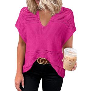 imageDokotoo Womens Tops 2025 Summer Spring Casual V Neck Short Sleeve Sweater Crochet Tops Casual Dressy BlousesHot Pink