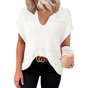 imageDokotoo Womens Tops 2025 Summer Spring Casual V Neck Short Sleeve Sweater Crochet Tops Casual Dressy BlousesWhite