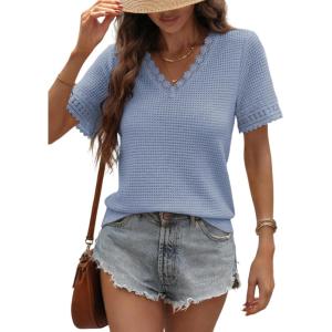 imageDokotoo Womens Casual V Neck Short Sleeve Waffle Knit Lace Patchwork Shirts Summer Loose Basic Tunic Tops Tee BlousesBlue