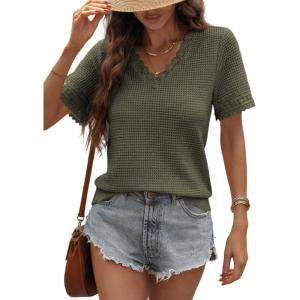 imageDokotoo Womens Casual V Neck Short Sleeve Waffle Knit Lace Patchwork Shirts Summer Loose Basic Tunic Tops Tee BlousesGreen