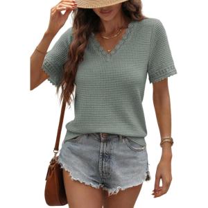 imageDokotoo Womens Casual V Neck Short Sleeve Waffle Knit Lace Patchwork Shirts Summer Loose Basic Tunic Tops Tee BlousesGreen Bay