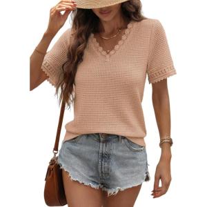 imageDokotoo Womens Casual V Neck Short Sleeve Waffle Knit Lace Patchwork Shirts Summer Loose Basic Tunic Tops Tee BlousesLight French Beige
