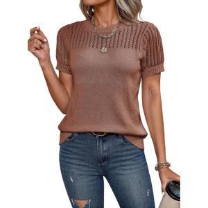 imageDokotoo Womens Summer Tops Dressy Casual Crewneck Short Sleeve Shirts Solid Hollow Out Knit Loose Sweater BlousesCoffee