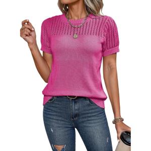 imageDokotoo Womens Summer Tops Dressy Casual Crewneck Short Sleeve Shirts Solid Hollow Out Knit Loose Sweater BlousesRose Red
