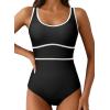 imageDokotoo One Piece Swimsuit Women Tummy Control Athletic Full Coverage Bathing Swim Suit Color Block Slimming SwimwearBlack