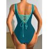imageDokotoo One Piece Swimsuit Women Tummy Control Athletic Full Coverage Bathing Swim Suit Color Block Slimming SwimwearLake Blue