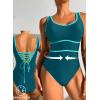 imageDokotoo One Piece Swimsuit Women Tummy Control Athletic Full Coverage Bathing Swim Suit Color Block Slimming SwimwearLake Blue