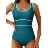 imageDokotoo One Piece Swimsuit Women Tummy Control Athletic Full Coverage Bathing Swim Suit Color Block Slimming SwimwearLake Blue