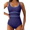 imageDokotoo One Piece Swimsuit Women Tummy Control Athletic Full Coverage Bathing Swim Suit Color Block Slimming SwimwearNavy Blue