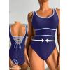 imageDokotoo One Piece Swimsuit Women Tummy Control Athletic Full Coverage Bathing Swim Suit Color Block Slimming SwimwearNavy Blue