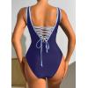 imageDokotoo One Piece Swimsuit Women Tummy Control Athletic Full Coverage Bathing Swim Suit Color Block Slimming SwimwearNavy Blue