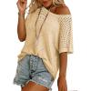 imageDokotoo Womens Summer Scoop Neck Short Sleeve Sweaters Crochet Hollow Out Knit Tops Pullover Shirts Beach Cover UpApricot