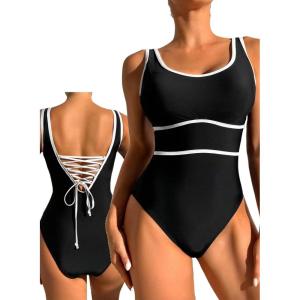 imageDokotoo One Piece Swimsuit Women Tummy Control Athletic Full Coverage Bathing Swim Suit Color Block Slimming SwimwearBlack