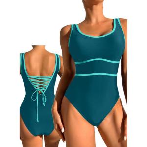 imageDokotoo One Piece Swimsuit Women Tummy Control Athletic Full Coverage Bathing Swim Suit Color Block Slimming SwimwearLake Blue