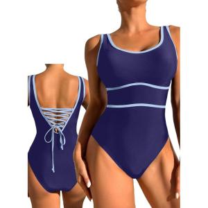 imageDokotoo One Piece Swimsuit Women Tummy Control Athletic Full Coverage Bathing Swim Suit Color Block Slimming SwimwearNavy Blue