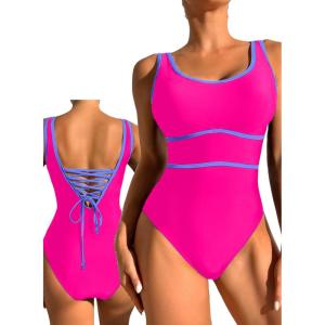 imageDokotoo One Piece Swimsuit Women Tummy Control Athletic Full Coverage Bathing Swim Suit Color Block Slimming SwimwearRose Red