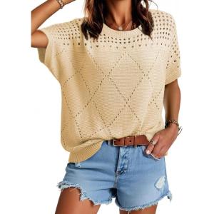 imageDokotoo Womens Summer Scoop Neck Short Sleeve Sweaters Crochet Hollow Out Knit Tops Pullover Shirts Beach Cover UpApricot