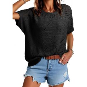 imageDokotoo Womens Summer Scoop Neck Short Sleeve Sweaters Crochet Hollow Out Knit Tops Pullover Shirts Beach Cover UpBlack